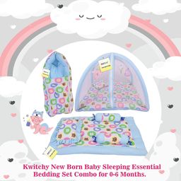 Kwitchy New Born Baby Bedding Combo of Mattress with Net Sleeping Bag 4 Pcs Gadda Set - Blue image 2