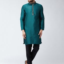 SOJANYA Men Teal & Black Self Design Kurta with Churidar-22