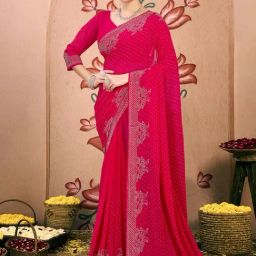 Satrani Pink Georgette Embellished Saree With Unstitched Blouse-image-65