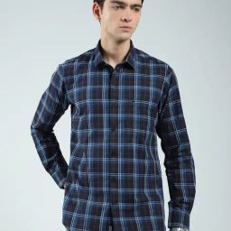 Monte Carlo Navy Blue Cotton Regular Fit Checks Shirt-image-17