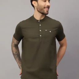 Cantabil Olive Green Regular Fit Henley T-Shirt-image-68
