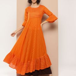 MBE Women Checked Flared Sleeves Cotton Anarkali Kurta-picture-31