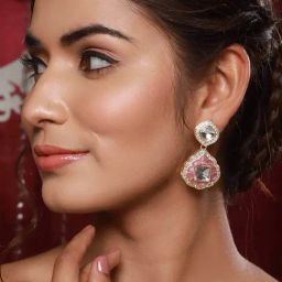 Aatmana Pink Enamelled & CZ Studded Gold-Toned Contemporary Drop Earrings for Women-7