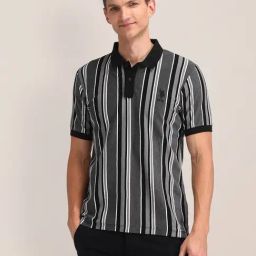 U.S. Polo Assn. Grey & Black Cotton Slim Fit Striped Polo T-Shirt-image-36