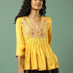 aarke Ritu Kumar Mustard Embroidered Top-image-79