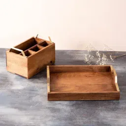 Nestroots Brown Wood Serving Tray & Cutlery Holder Combo-10