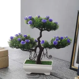 Foliyaj Purple & Green Plastic Artificial New Triple-Headed Bonsai Tree With Small Flowers-18
