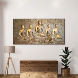 Nestroots Brown & Gold Canvas Buddha Painting With Disciples Wall Painting - Single Frame-48