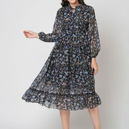 Selvia Print Tie-Up Neck Puff Sleeve Georgette Fit & Flare Dress-picture-1