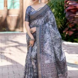 Satrani Grey Silk Geometric Print Saree With Unstitched Blouse-image-19