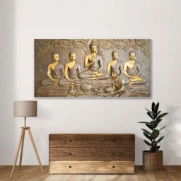 Nestroots Brown & Gold Canvas Buddha Painting With Disciples Wall Painting - White Floating Frame-26