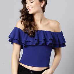 Veni Vidi Vici Women Navy Blue Solid Crop Bardot Top-image-2