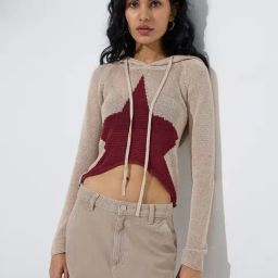 Nuon by Westside Beige Knit-Textured Cotton Top-image-52
