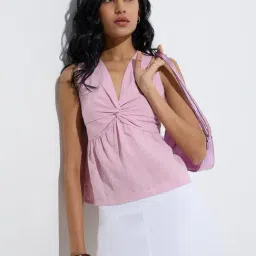Bombay Paisley by Westside Pink Embroidered Ruched Cotton Top-picture-1