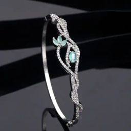 Zeneme Silver Toned Rhodium Plated Green American Diamond Openable Kada Bracelet-image-10