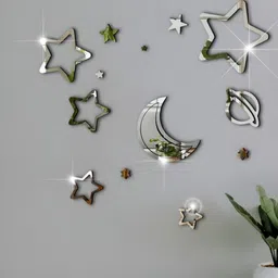 VAH Kya Bat Hai !! 14 - Pcs White Moon Star Galaxy Mirror Stickers for Wall-26