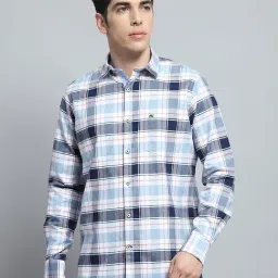 Monte Carlo Blue & White Cotton Regular Fit Checks Shirt-picture-3