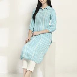 Rangriti Striped Shirt Collar Pleated Modal A-Line Kurta-picture-25