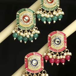 Anouk Set Of 2 Artificial Beaded & Kundan Studded Geometric Shaped Meenakari Drop Earrings-17