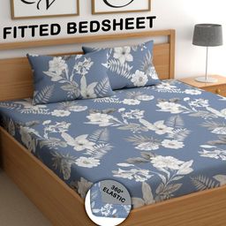CHHAVI INDIA Blue & White Floral Printed 210 TC Queen Bedsheet With 2 Pillow Covers-picture-47