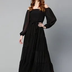 SASSAFRAS Black Semi Sheer Off-Shoulder Maxi Tiered Dress-image-30