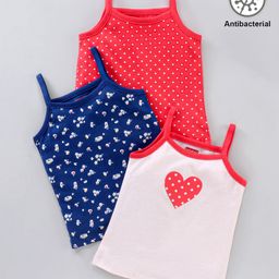 Babyhug Sleeveless Cotton Antibacterial Slips Dot Floral And Heart Print Pack Of 3 - Blue White Pink-image-49