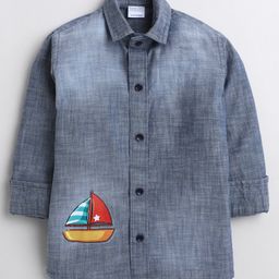 Polka Tots Full Sleeves Boat Placement Printed Denim Style Shirt - Blue-image-23