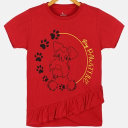 Kiddopanti Half Sleeves Stay Pawsitive Print Bottom Frill Detail Tee - Red-image-51