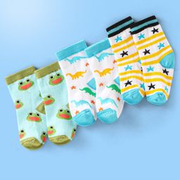 Cute Walk by Babyhug Anti Bacterial Ankle Length Non Terry Socks Dino Design Pack of 3  - Yellow Blue & White-image-39