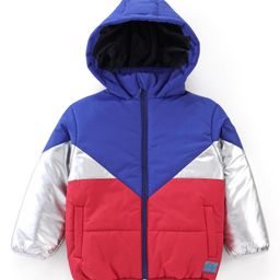 Babyhug Woven Full Sleeves Hooded Jacket - Red & Blue-image-106