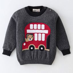 Simply Cotton Knitted Full Sleeves Sweater with Bus Design - Grey-image-13