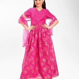Pine Kids Embroidered Half Sleeves Choli Lehenga  Set- Pink-picture-13
