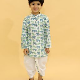 MoMaa Pure Cotton  Full Sleeves Elephant Printed Dhoti Kurta Set - Green & White-image-2
