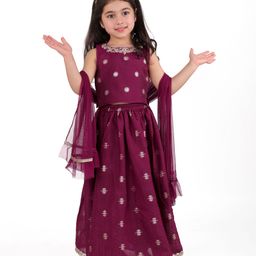 Babyhug Woven  Sleeveless Chanderi Butti Floral Emboirdered Choli Lehenga with Dupatta Set - Wine-image-23