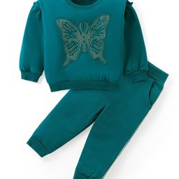 Babyhug Cotton Knit Full Sleeves Top & Jogger Pants Set With Sequins Butterfly - Green-image-50