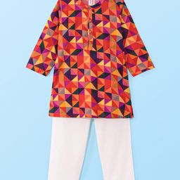 Babyhug Cambric Woven Full Sleeves Geometric Printed Kurta & Pyjama Set - Orange-image-80