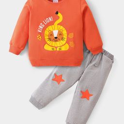 Kookie Kids Terry Knit Full Sleeves Winter Wear Set With Lion Print & Knee Patch Detailing - Red-image-55