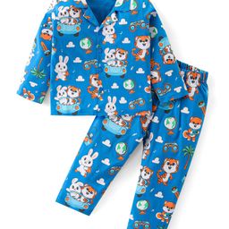 Babyhug Cotton Knit Full Sleeves Collared Night Suit With Animals Print - Blue-image-78
