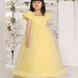 Ministitch Net Balloon Sleeves Pleated Pearl Embellished Gown - Yellow-image-60