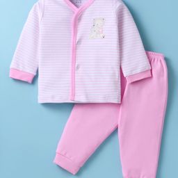 Zero Interlock Knit Full Sleeves Striped Night Suit with Bear Print - Pink-picture-10