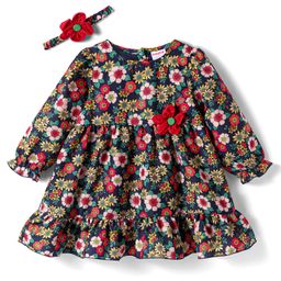 Babyhug Woven Full Sleeves Floral Printed Frock with Headband & Floral Applique - Navy Blue-picture-22