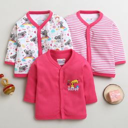 BUMZEE Cotton Pack Of 3 Full Sleeves Animals Printed & Striped Jhablas - Pink & White-image-66