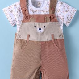 ToffyHouse Cotton Knit Dungaree with Half Sleeves Inner Tee & Bear Print - Tan & White-18