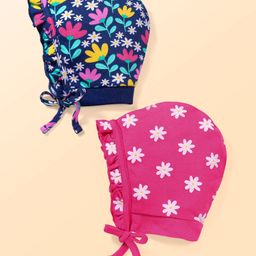 Babyhug 100% Cotton Knit Caps With Floral Print Pack of 2 - Dark Pink & Navy Blue-14
