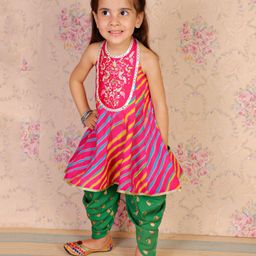 Twisha Sleeveless Lehriya Printed Floral Embroidered Top With Paisley Printed Dhoti Set - Pink & Green-image-61