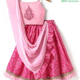 Babyoye Woven Sleeveless Choli Lehenga Set & Dupatta with Bandhani Print & Floral Embroidery & Frill Detailing - Pink-image-44