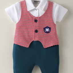 Wonderchild Half Sleeve Solid Tee With Attached StripedPatch Detailed Waistcoat & Shorts Set - Red & Navy Blue-image-2