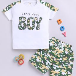 Little Ninja Cotton Half Sleeves Camouflage Printed Coordinating Tee & Shorts Set - White & Green-image-64