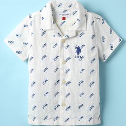 US Polo Assn Cotton Knit Half Sleeves Shirt With Brand Name Print - White & Blue-image-56