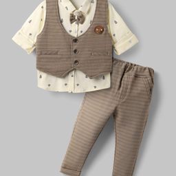 Mini Taurus Sinker Knit Full Sleeves 3 Piece Party Suit with Attached Bow with Stripes - Yellow & Tan-image-79